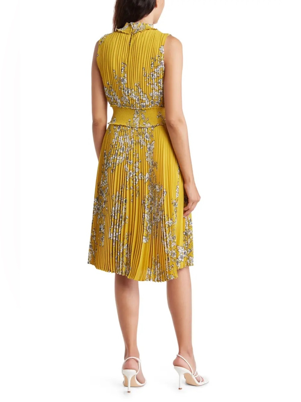 NWT Nanette Lepore Smocked Floral Pleated Chiffon Dress Size 8 Golden Cypress - Picture 2 of 12